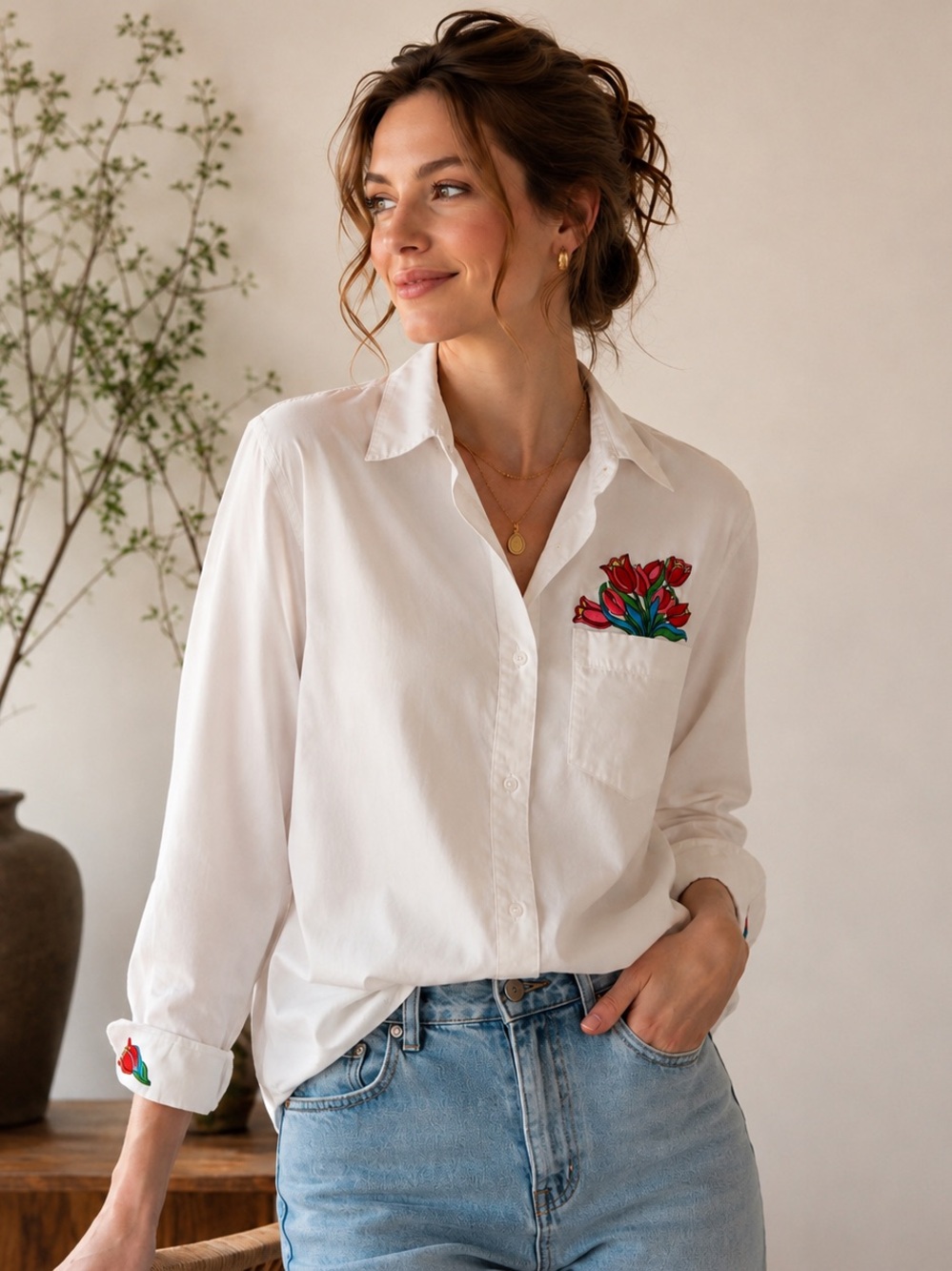 John Henry Embroidered Tulip Button Up Blouse Cottagecore